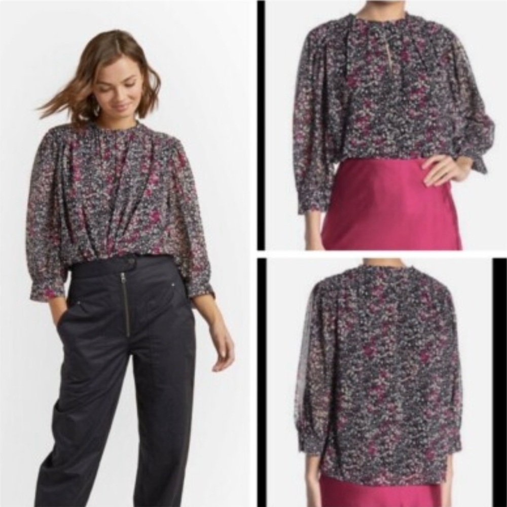 REBECCA MINKOFF $158 Billie Floral Print Shoulder Detail  Relaxed Fit Blouse XS